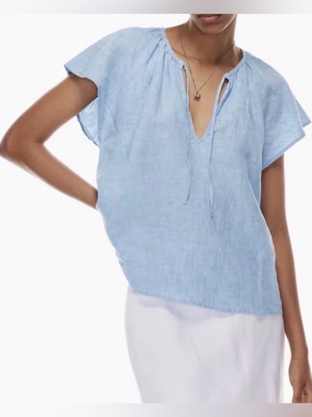 Wilfred Aritzia M Chambray Flowy Blouse Organic Linen Tie Neck Cap Sleeve Flowy